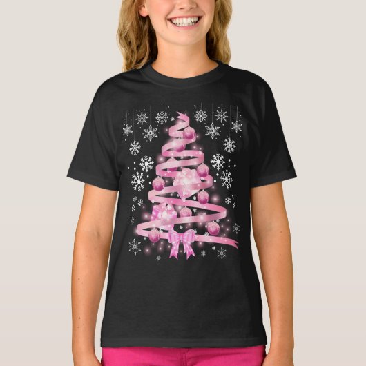 White Snowflake Light Roze Kerstaboom met lint T-shirt (Voorkant)