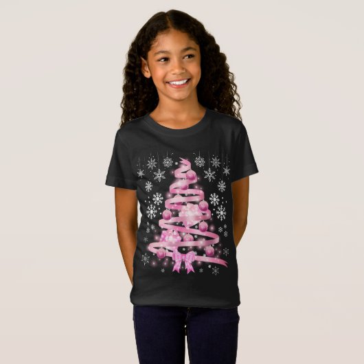 White Snowflake Light Roze Kerstaboom met lint T-shirt (Voorkant volledig)
