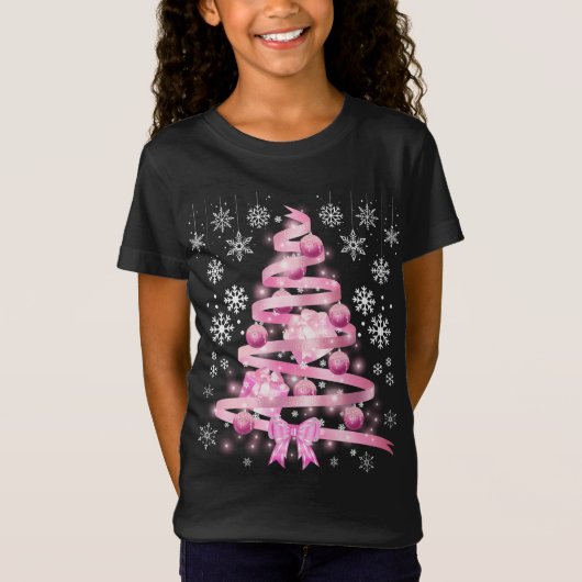 White Snowflake Light Roze Kerstaboom met lint T-shirt (Voorkant)
