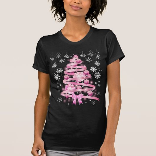 White Snowflake Light Roze Kerstaboom met lint T-shirt (Voorkant)