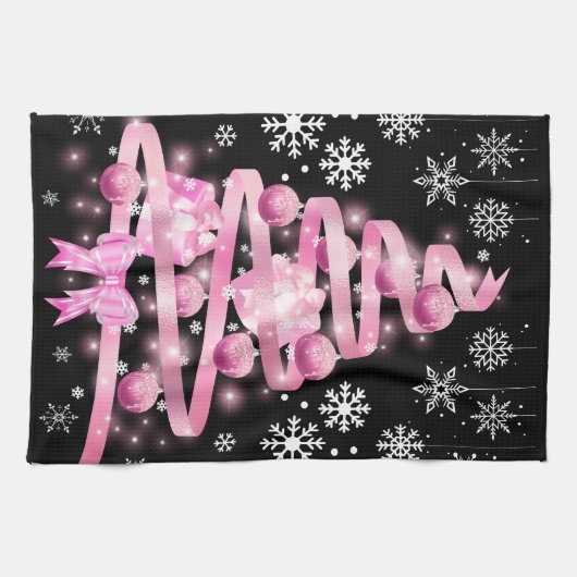White Snowflake Light Roze Kerstaboom met lint Theedoek (Horizontaal)