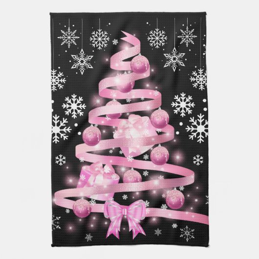 White Snowflake Light Roze Kerstaboom met lint Theedoek (Verticaal)