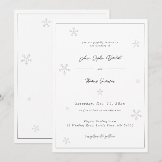 White Snowflake Modern Calligraphy Winter Wedding Kaart (Voorkant / Achterkant)