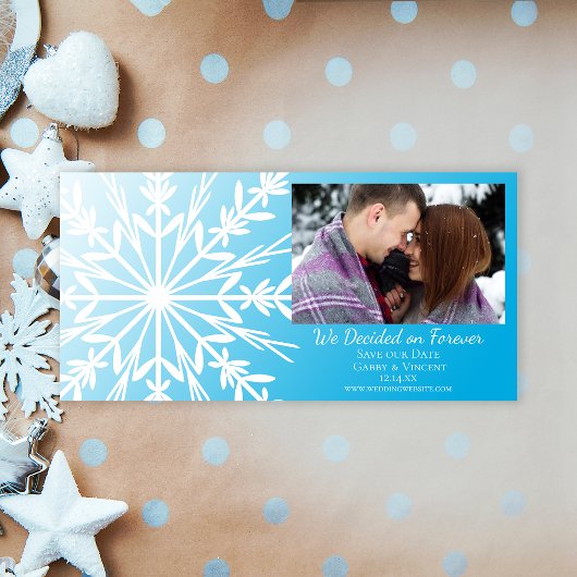 White Snowflake on Blauwgroen Blue Winter Wedding Save The Date