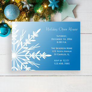 White Snowflake on Blue Holiday Open House Kaart