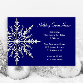 White Snowflake on Blue Holiday Open House Kaart