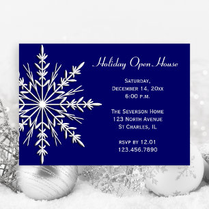 White Snowflake on Blue Holiday Open House Kaart