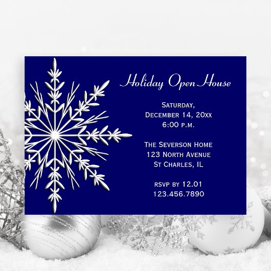 White Snowflake on Blue Holiday Open House Kaart