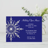 White Snowflake on Blue Holiday Open House Kaart (Staand voorkant)