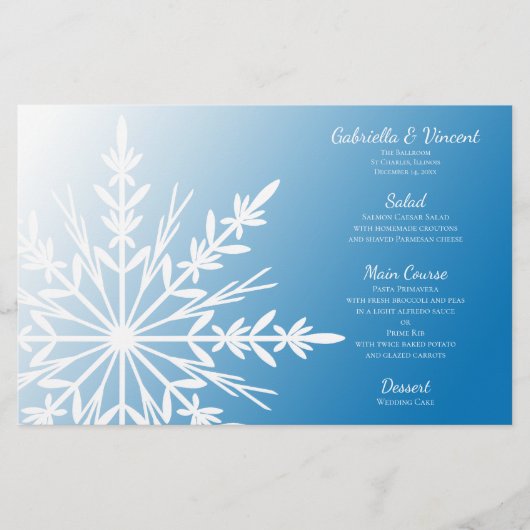 White Snowflake on Blue Winter Wedding Menu (Voorkant)