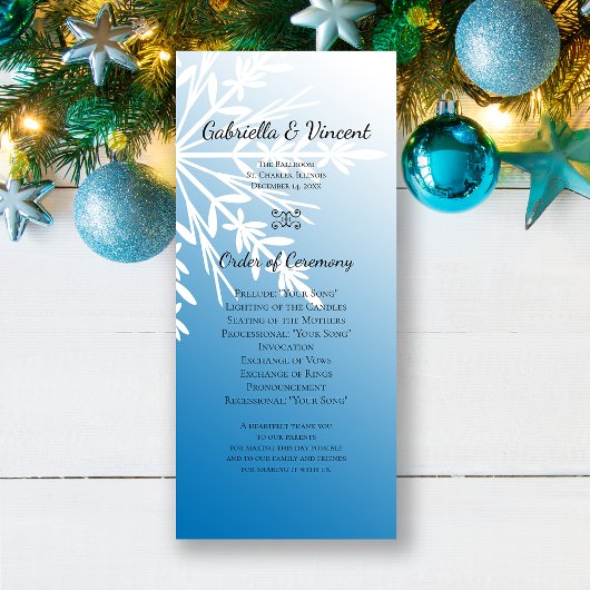 White Snowflake on Blue Winter Wedding Programme Programmakaart