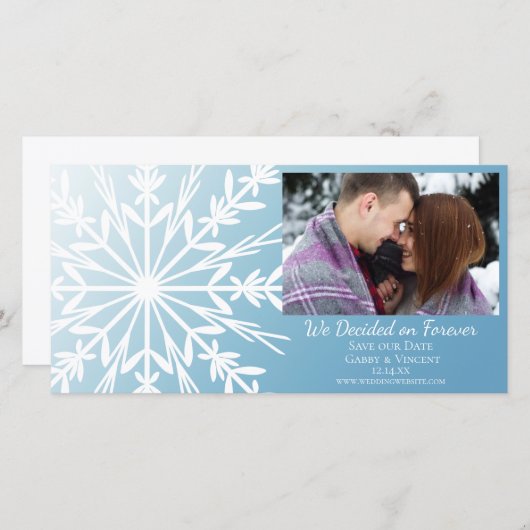 White Snowflake on Ice Blue Winter Wedding Save The Date (Voorkant / Achterkant)