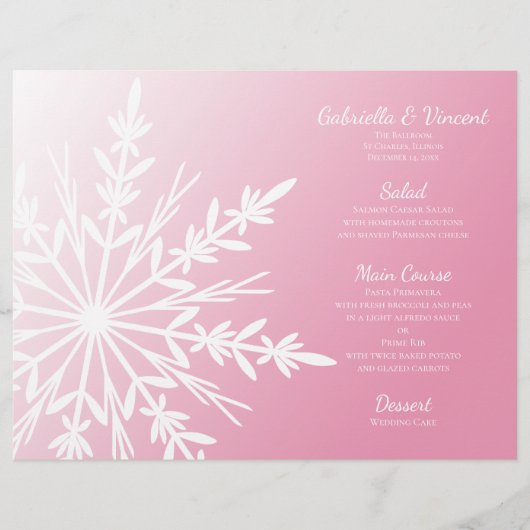 White Snowflake on Pink Winter Wedding Menu (Voorkant)