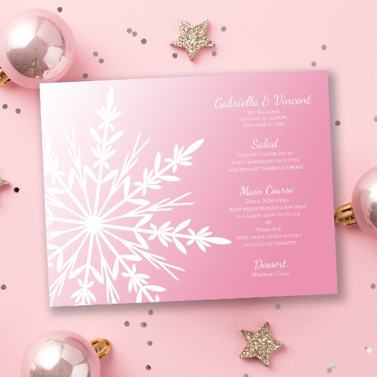 White Snowflake on Pink Winter Wedding Menu