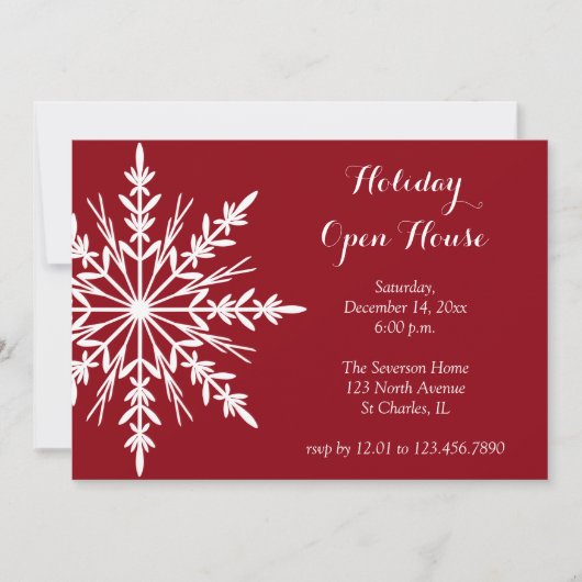 White Snowflake on Red Holiday Open House Kaart (Voorkant)