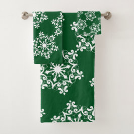 White Snowflake op Dark Green Bad Handdoek