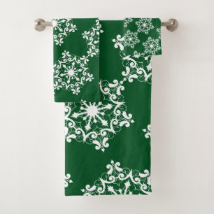White Snowflake op Dark Green Bad Handdoek