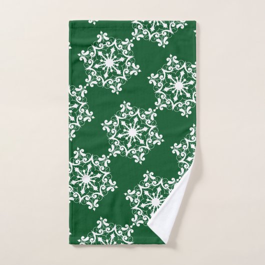 White Snowflake op Dark Green Bad Handdoek (Handdoek)