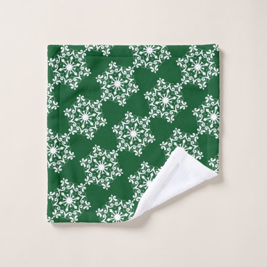 White Snowflake op Dark Green Bad Handdoek (Wasdoekje)