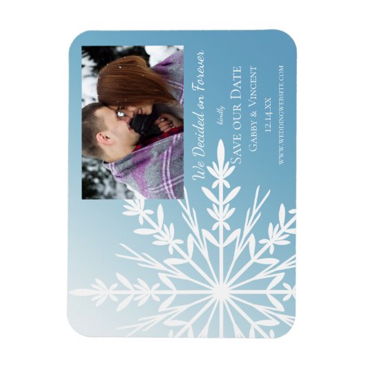 White Snowflake op Ice Blue Wedding Save the Date Magneet (Verticaal)