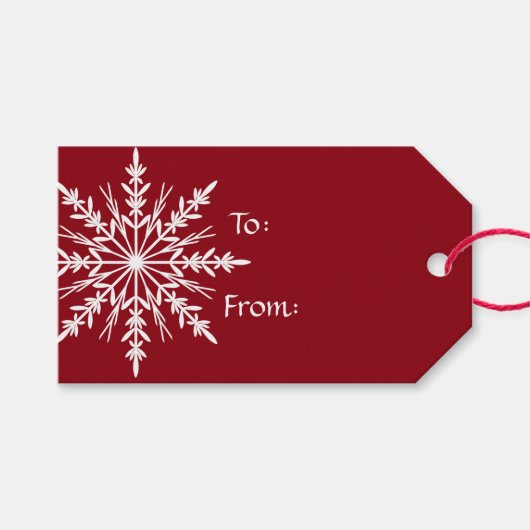 White Snowflake op Red Kerstfeestdag Cadeaulabel (Voorkant (Horizontaal))