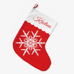 White Snowflake op Red Monogrammed Grote Kerstsok