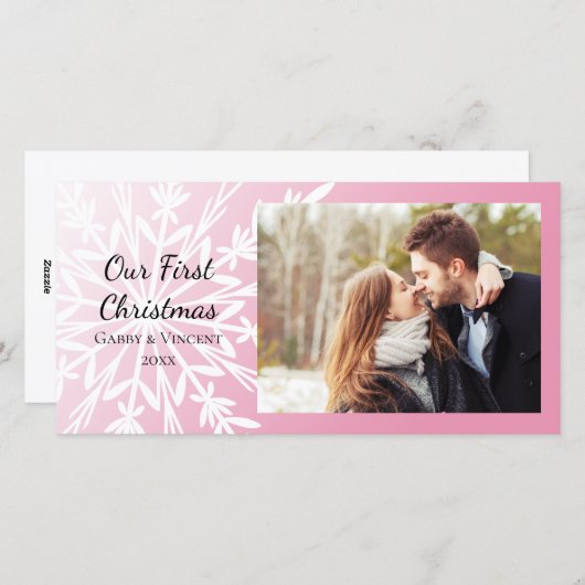 White Snowflake op Roze Eerste Kerstmis Samen Feestdagenkaart (Voorkant / Achterkant)