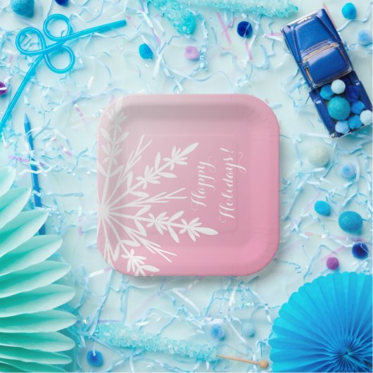 White Snowflake op roze Prettige feestdagen Papieren Bordje (Feest)
