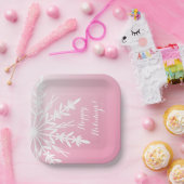 White Snowflake op roze Prettige feestdagen Papieren Bordje (Feest)