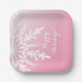 White Snowflake op roze Prettige feestdagen Papieren Bordje (Voorkant)