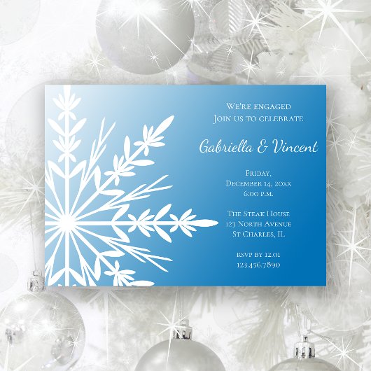 White Snowflake over Blue Winter Engagement Party Kaart