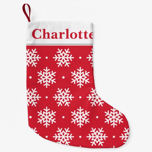 White Snowflake Pattern met Monogram Red Holiday Kleine Kerstsok (Voorkant)