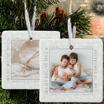 White Snowflake Photo Lijst and Baby Birth Stats Keramisch Ornament<br><div class="desc">Het baby-ornament begint met een foto- met delicate witte sneeuwvlokken op een zilvergrijze achtergrond. Het fotomalplaatje is klaar voor u om uw foto van de baby toe te voegen, die met uw pasgeboren geboortestaten wordt opgesteld. U kunt de zelfde foto of een verschillend afbeelding op de rug toevoegen, allebei waarvan...</div>