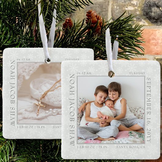 White Snowflake Photo Lijst and Baby Birth Stats Keramisch Ornament