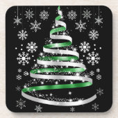 White Snowflake Silver Green Ribbon-kerstboom Bier Onderzetter (Voorkant)