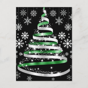 White Snowflake Silver Green Ribbon-kerstboom Briefkaart