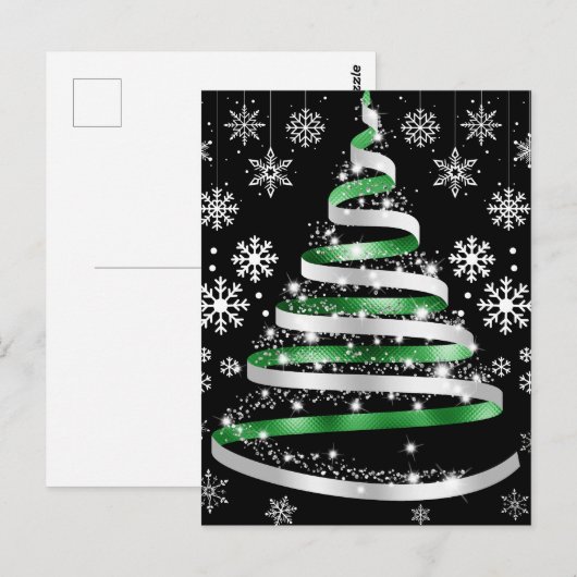 White Snowflake Silver Green Ribbon-kerstboom Briefkaart (Voorkant / Achterkant)