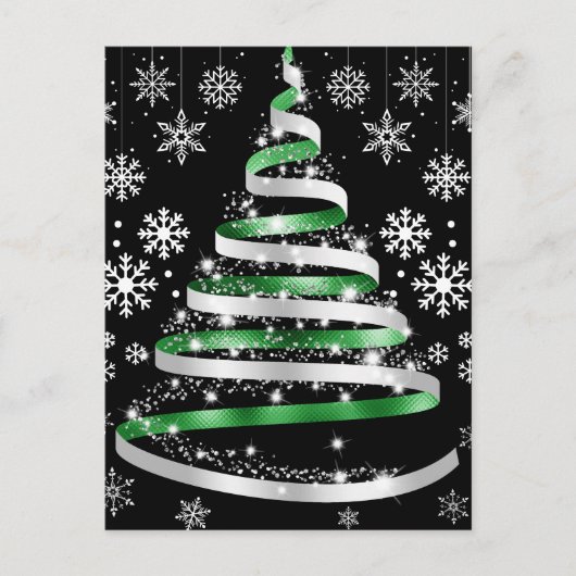 White Snowflake Silver Green Ribbon-kerstboom Briefkaart (Voorkant)