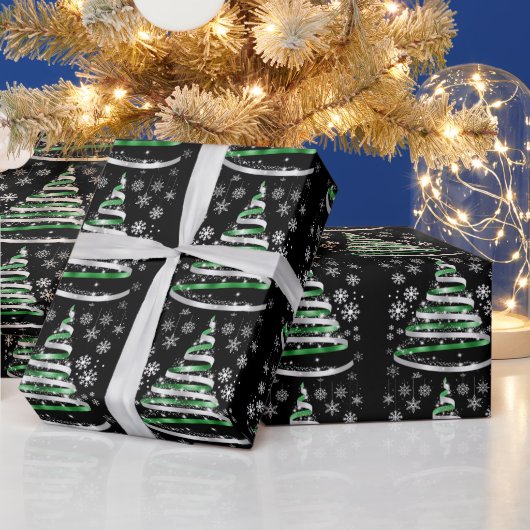 White Snowflake Silver Green Ribbon-kerstboom Cadeaupapier (Feestdagen)