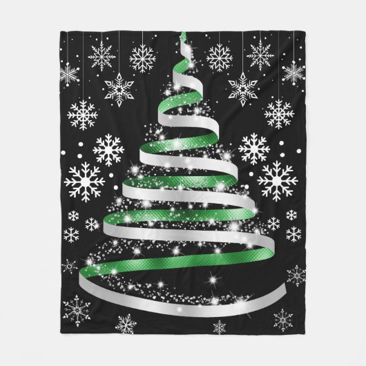 White Snowflake Silver Green Ribbon-kerstboom Fleece Deken (Voorkant)