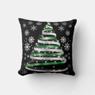 White Snowflake Silver Green Ribbon-kerstboom Kussen