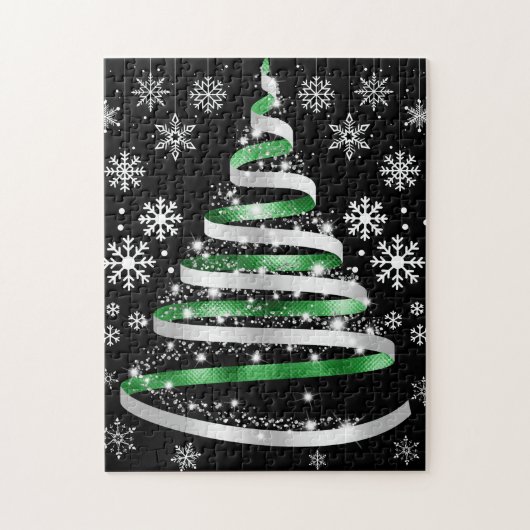 White Snowflake Silver Green Ribbon-kerstboom Legpuzzel (Verticaal)