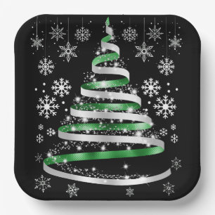 White Snowflake Silver Green Ribbon-kerstboom Papieren Bordje