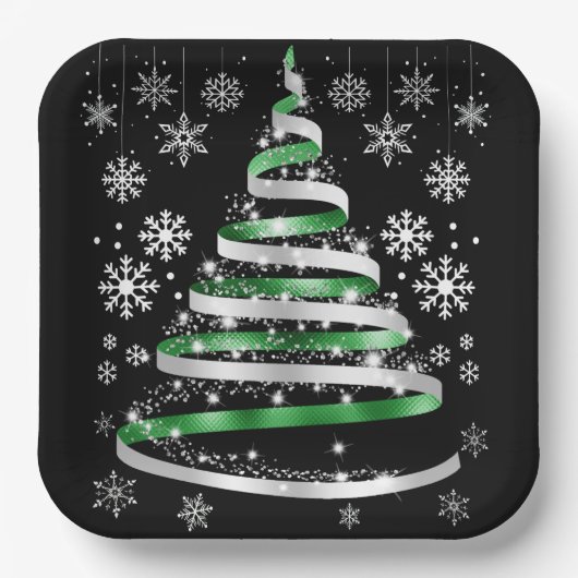 White Snowflake Silver Green Ribbon-kerstboom Papieren Bordje (Voorkant)