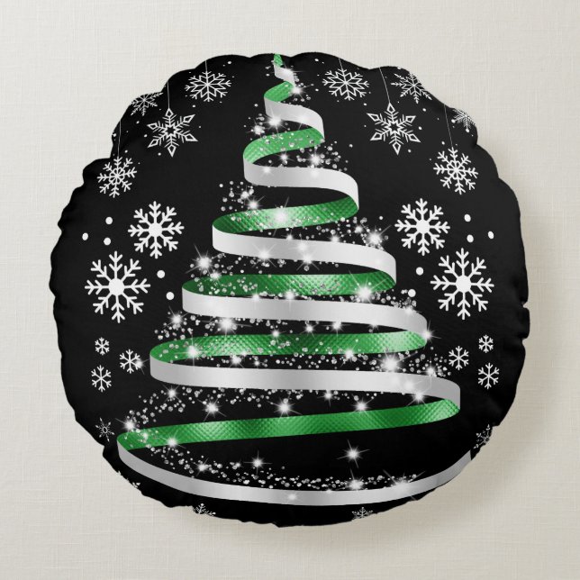 White Snowflake Silver Green Ribbon-kerstboom Rond Kussen (Voorkant)