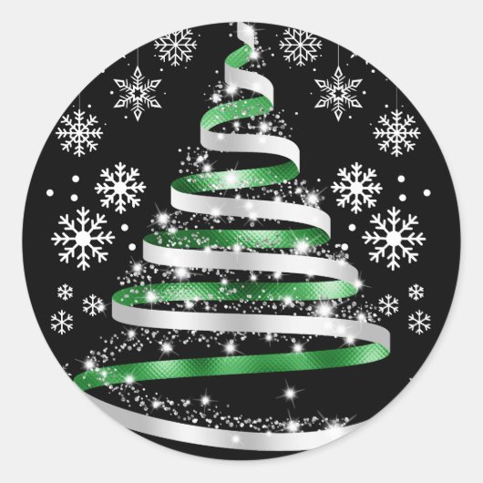 White Snowflake Silver Green Ribbon-kerstboom Ronde Sticker (Voorkant)
