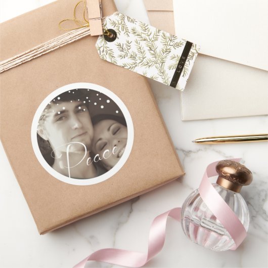White Snowflake Your Photo Peace Holiday Kerstmis Ronde Sticker (Geschenken)