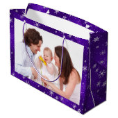 White Snowflakes Blue-Paars Backgd Large Gift Bag Large Cadeautasje (Achterkant Gekanteld)