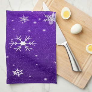 White Snowflakes Blue-Paars Backgrd Kitchen Towel Theedoek