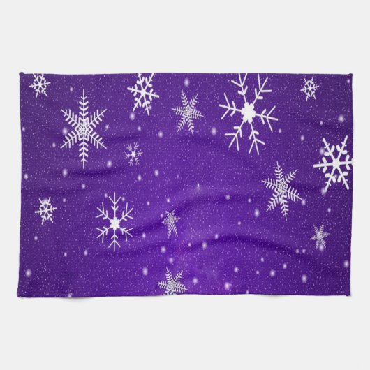 White Snowflakes Blue-Paars Backgrd Kitchen Towel Theedoek (Horizontaal)